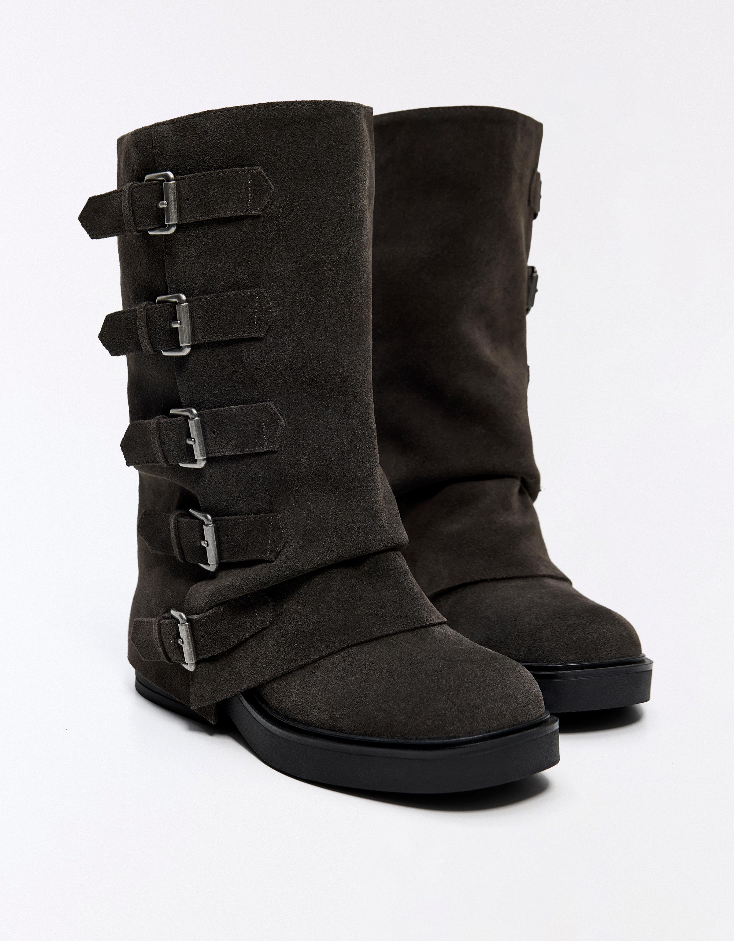 LEATHER TROUSER ANKLE BOOTS WITH BUCKLES — TAUPE