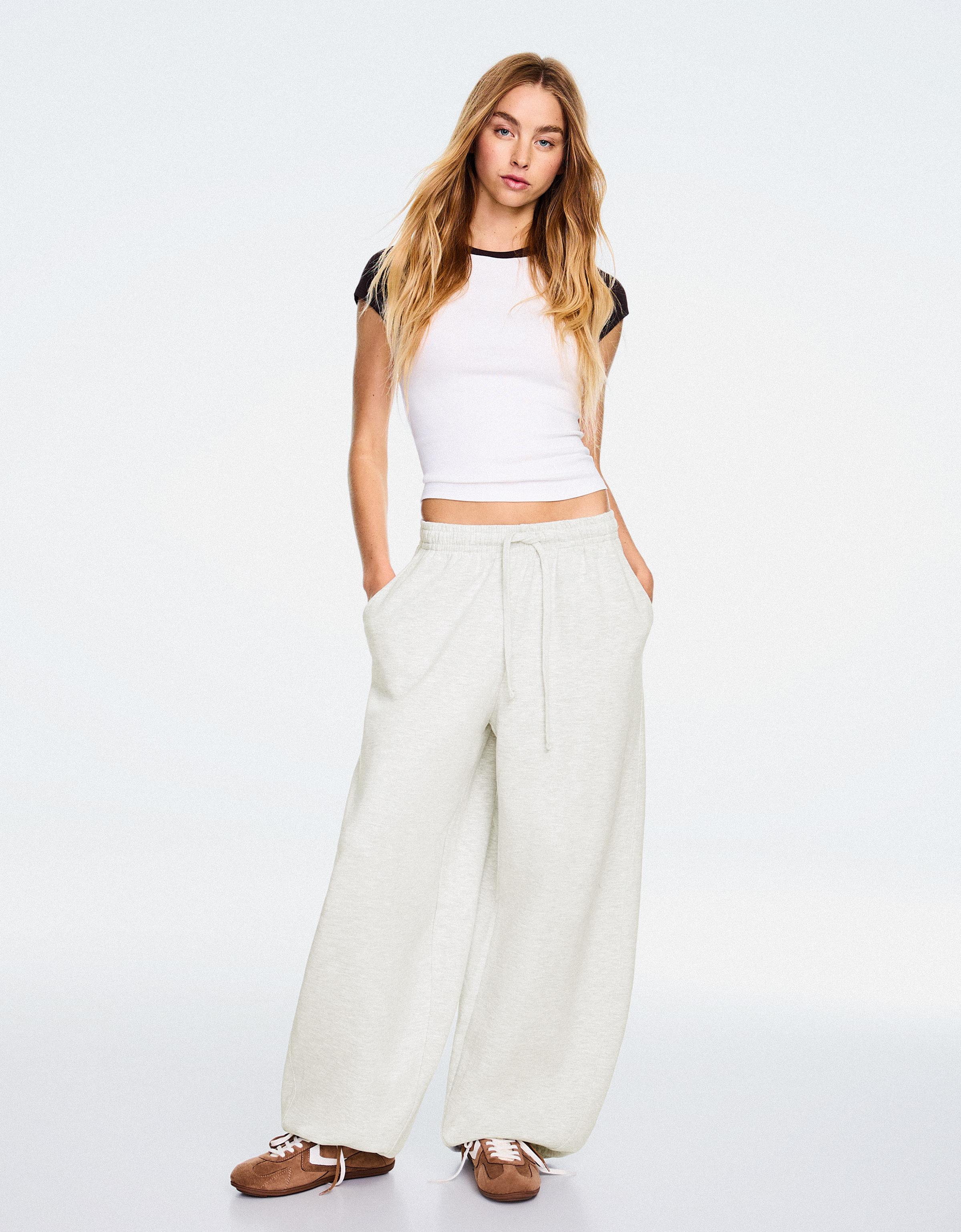 Bershka Pantalón Barrel Felpa Stoppers Mujer Gris