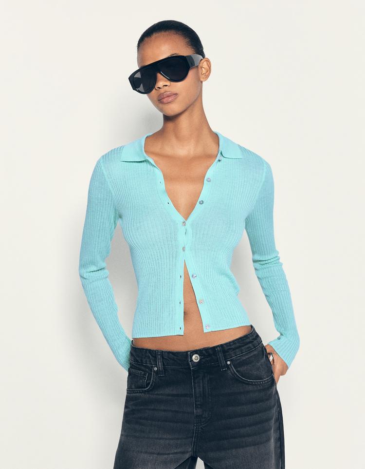 Fine knit polo collar cardigan — Light blue