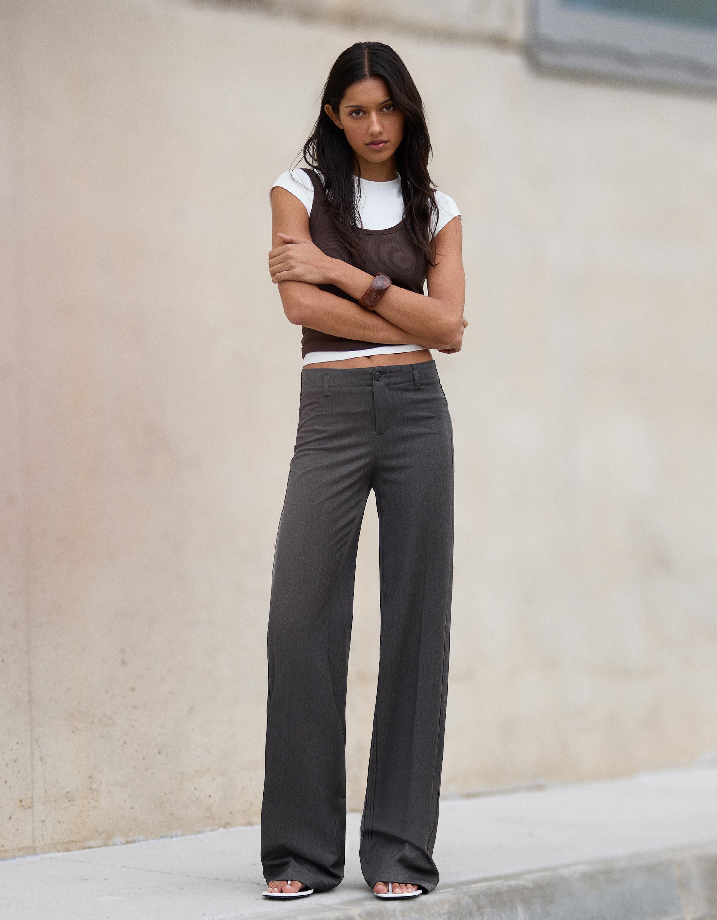 Bershka Pantaloni Gamba Larga Donna 36 (Eu 32) Grigio Scuro