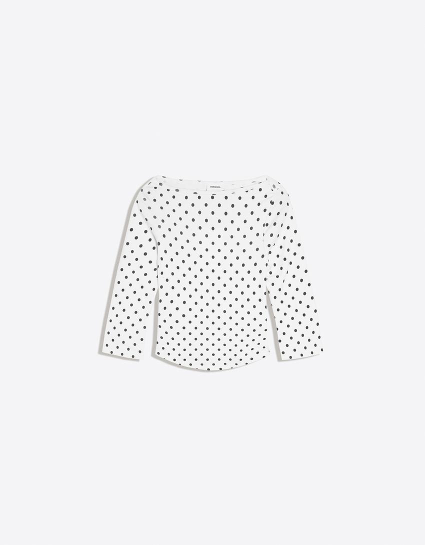 Langärmeliges Shirt mit Bateau-Ausschnitt-Weiss / Schwarz
