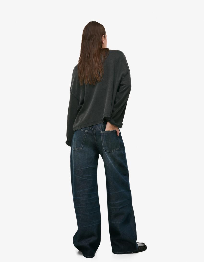 Jeans ample taille basse-Bleu lavé