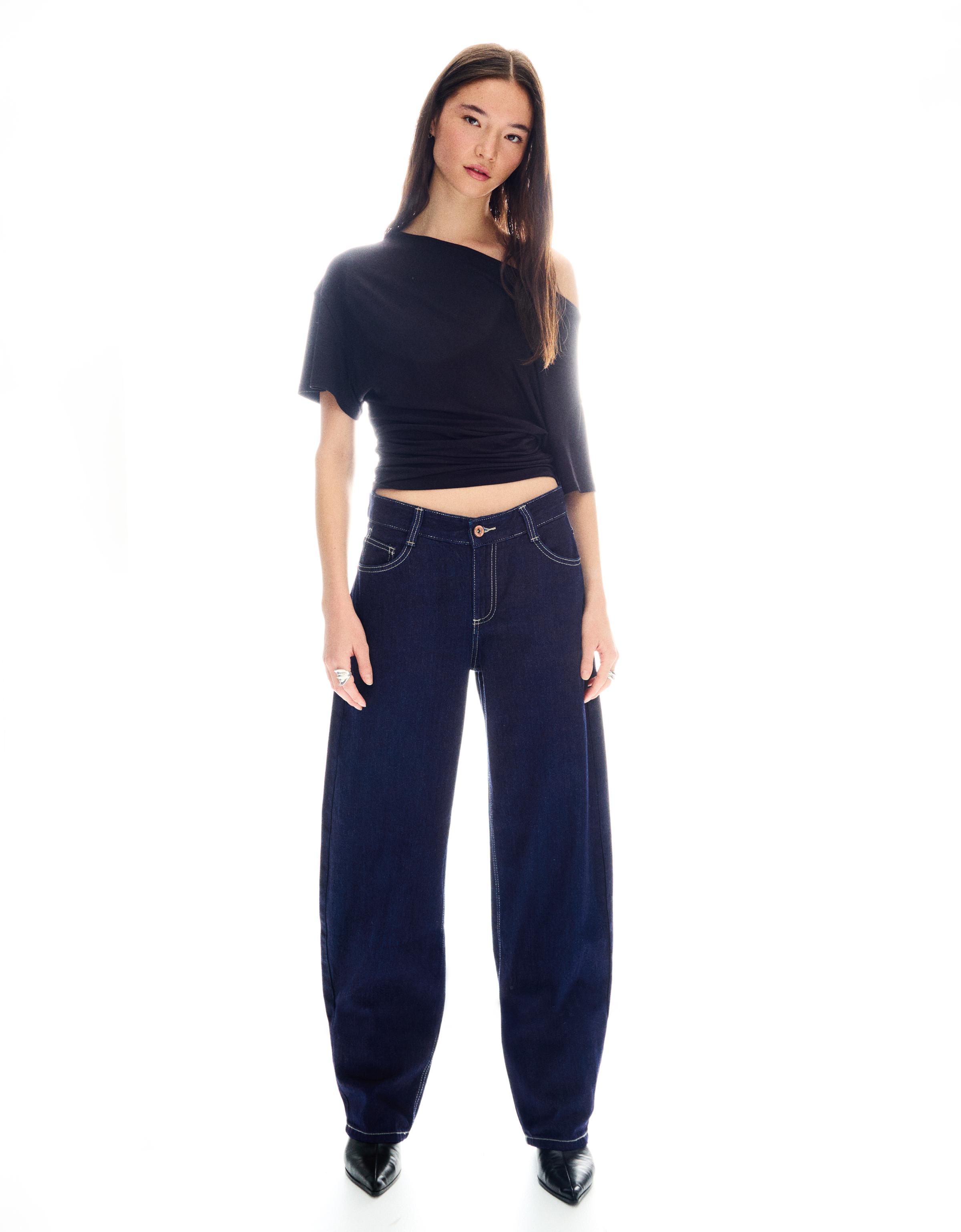 Bershka Baggy Barrel Jeans Mit Tiefem Bund Damen 44 Marinenblau