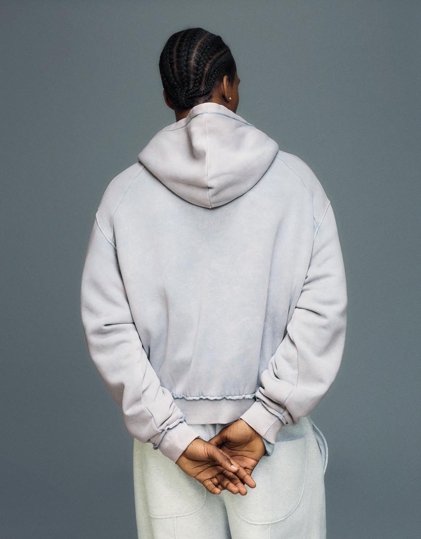 Embroidered zip-up hoodie-Light blue