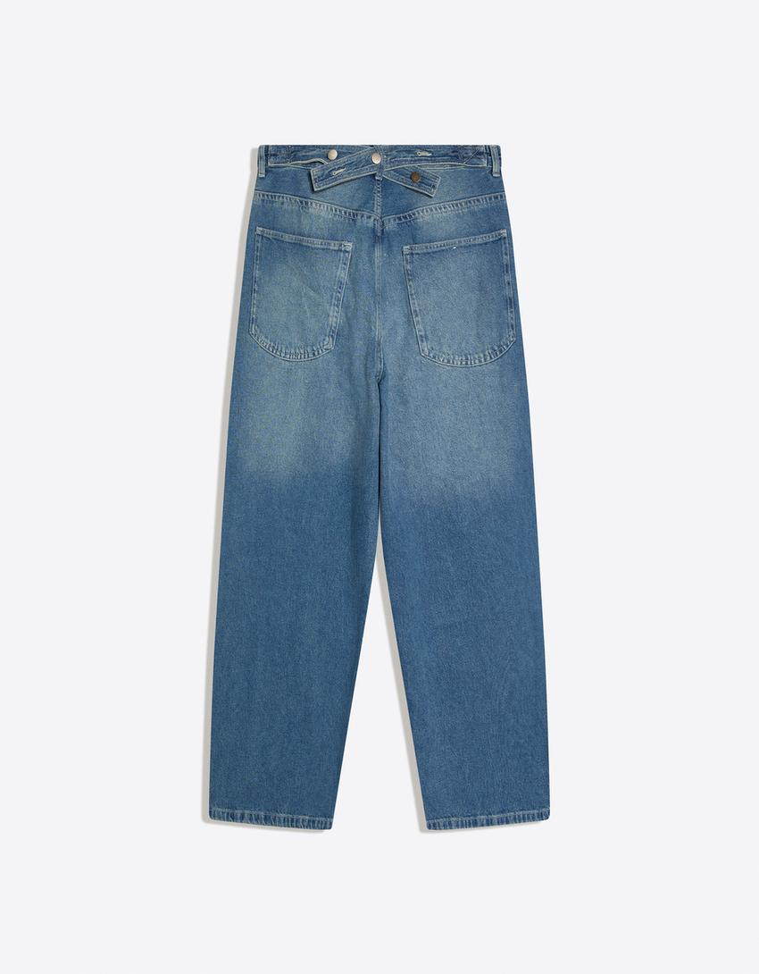 Jeans baggy con fibbia posteriore-Azzurro Lavato