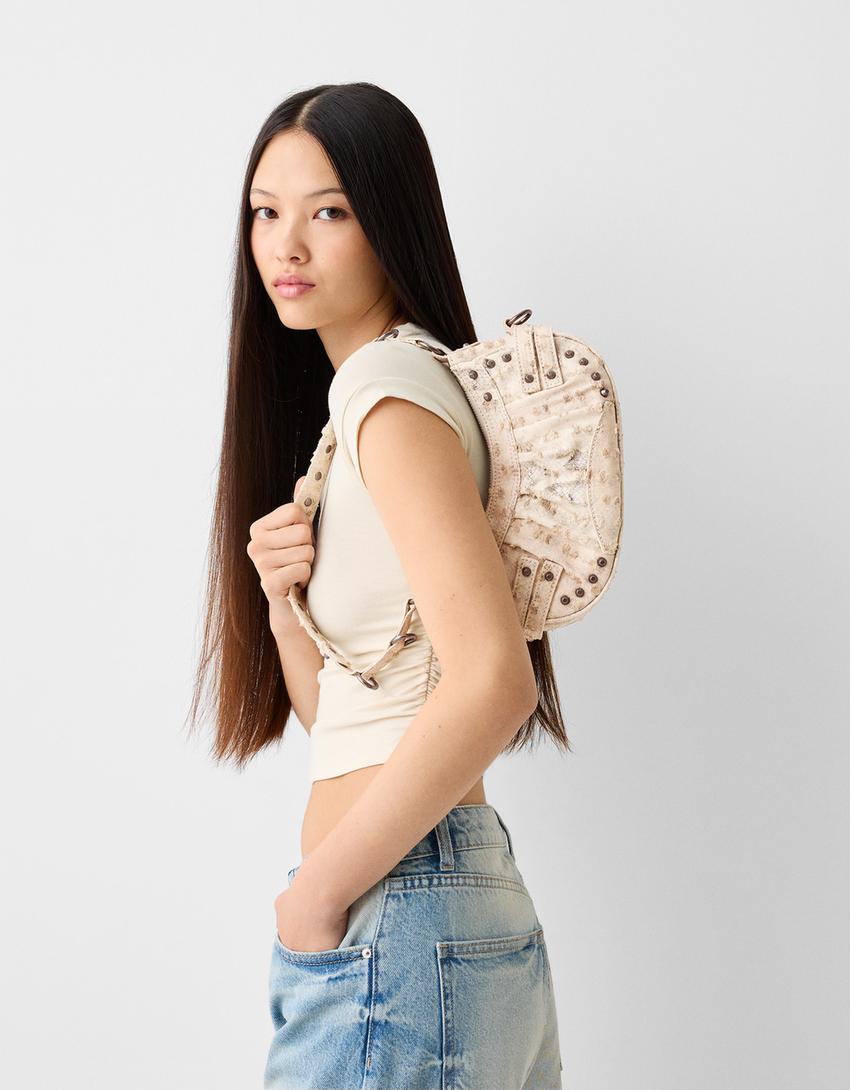 Studded shoulder bag-Beige