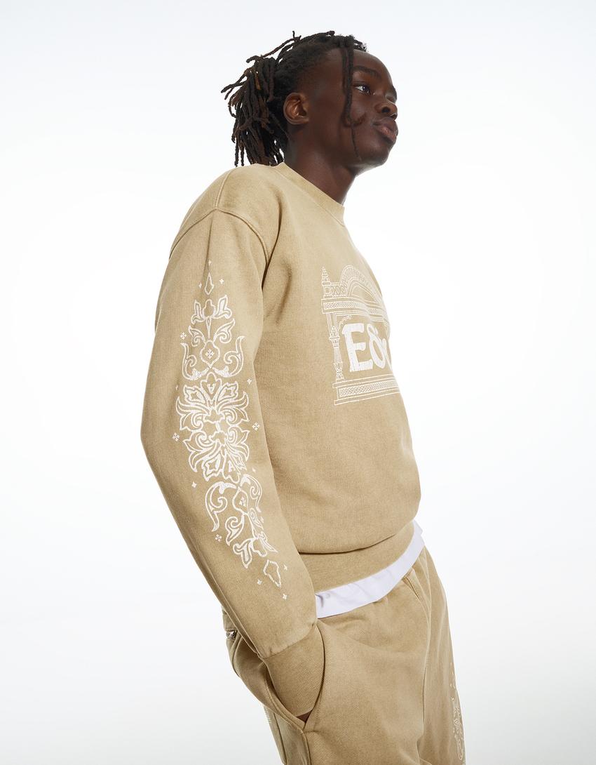 ARIES X BERSHKA Yıkanmış Görünümlü Sweatshirt-Deve tüyü rengi