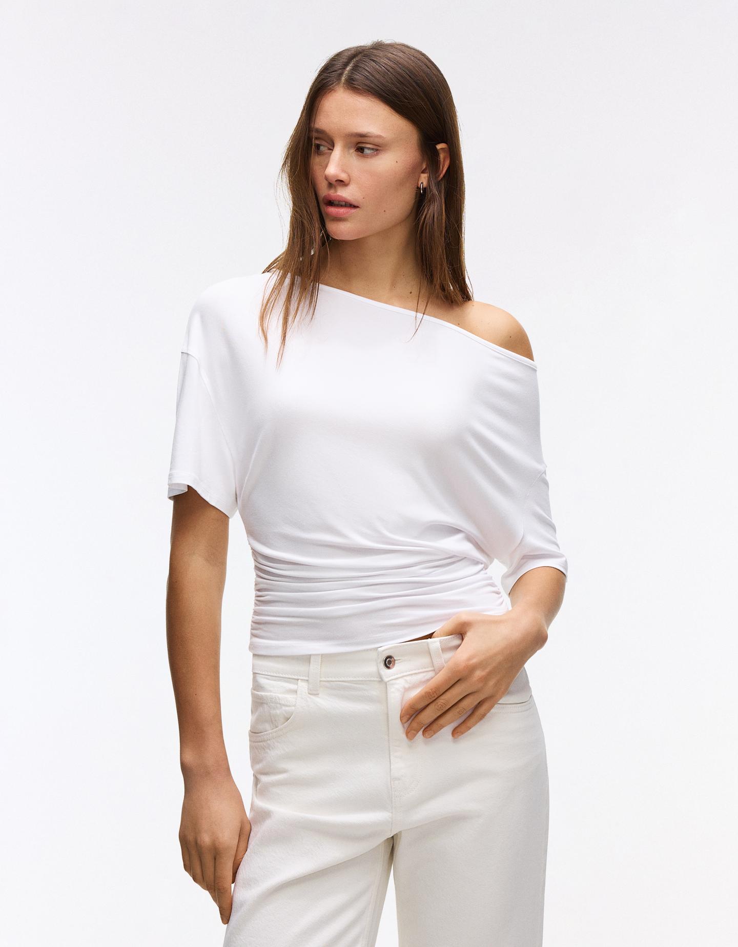 Bershka Camiseta Manga Corta Asimétrica Mujer Blanco