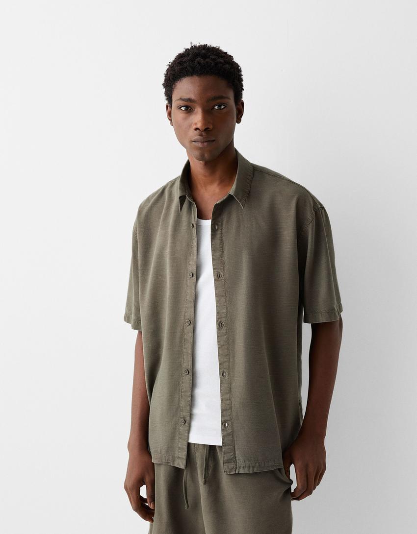 Chemise manches courtes garment dyed-Kaki-0