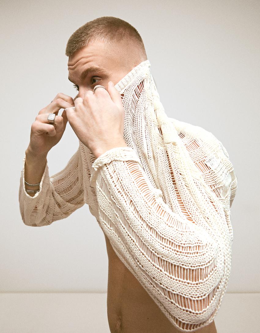 Pull en maille ajourée-Blanc cassé