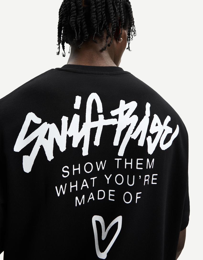 Printed short sleeve plush T-shirt-Black