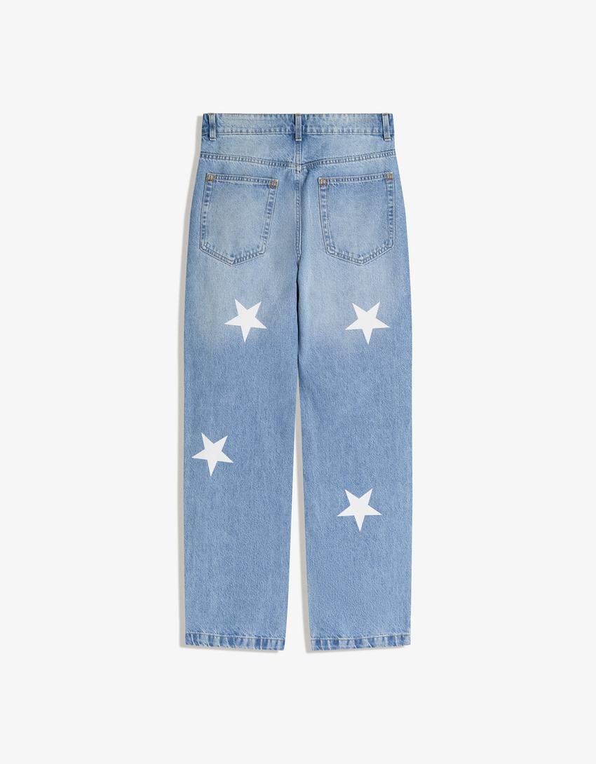 Jeans straight print-Azul lavado