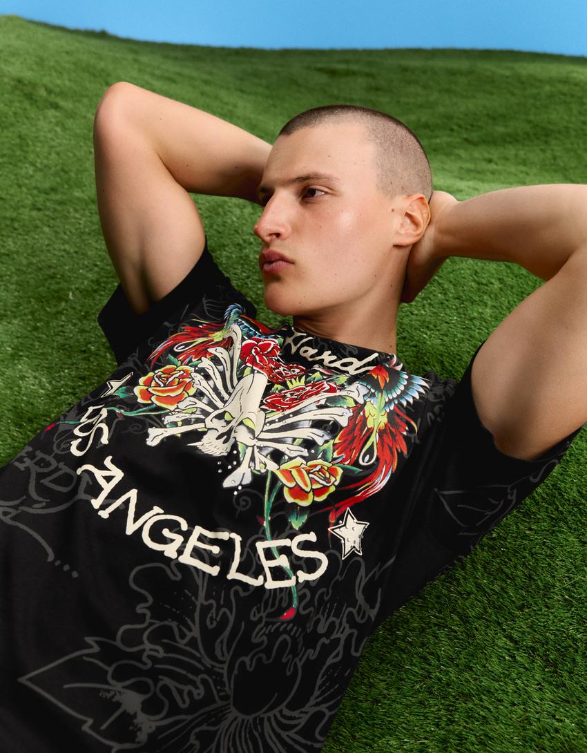 ED HARDY X BERSHKA print T-shirt-Black