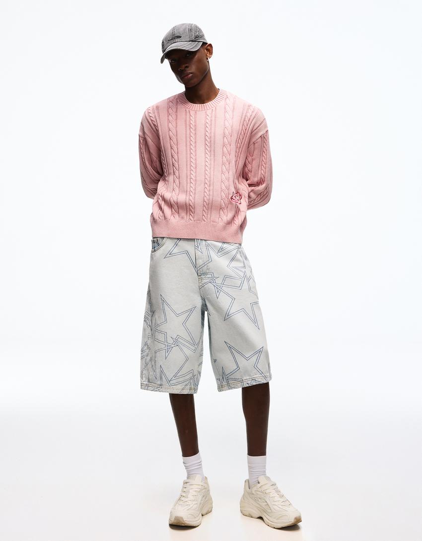 Bermuda denim super baggy étoiles-Bleu clair