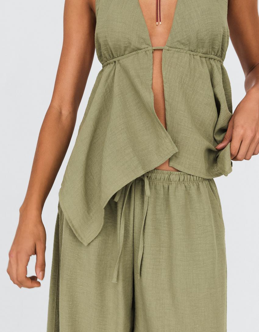 Tied halter top-Khaki