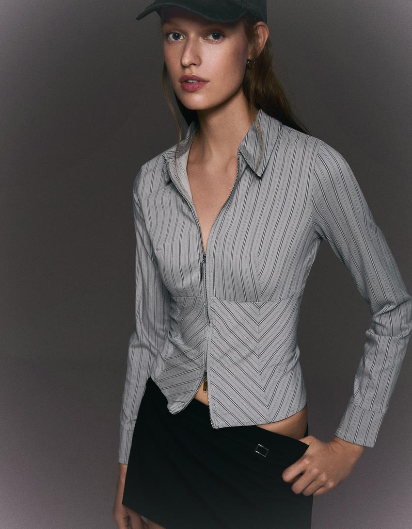 Long sleeve zip-up shirt-Grey