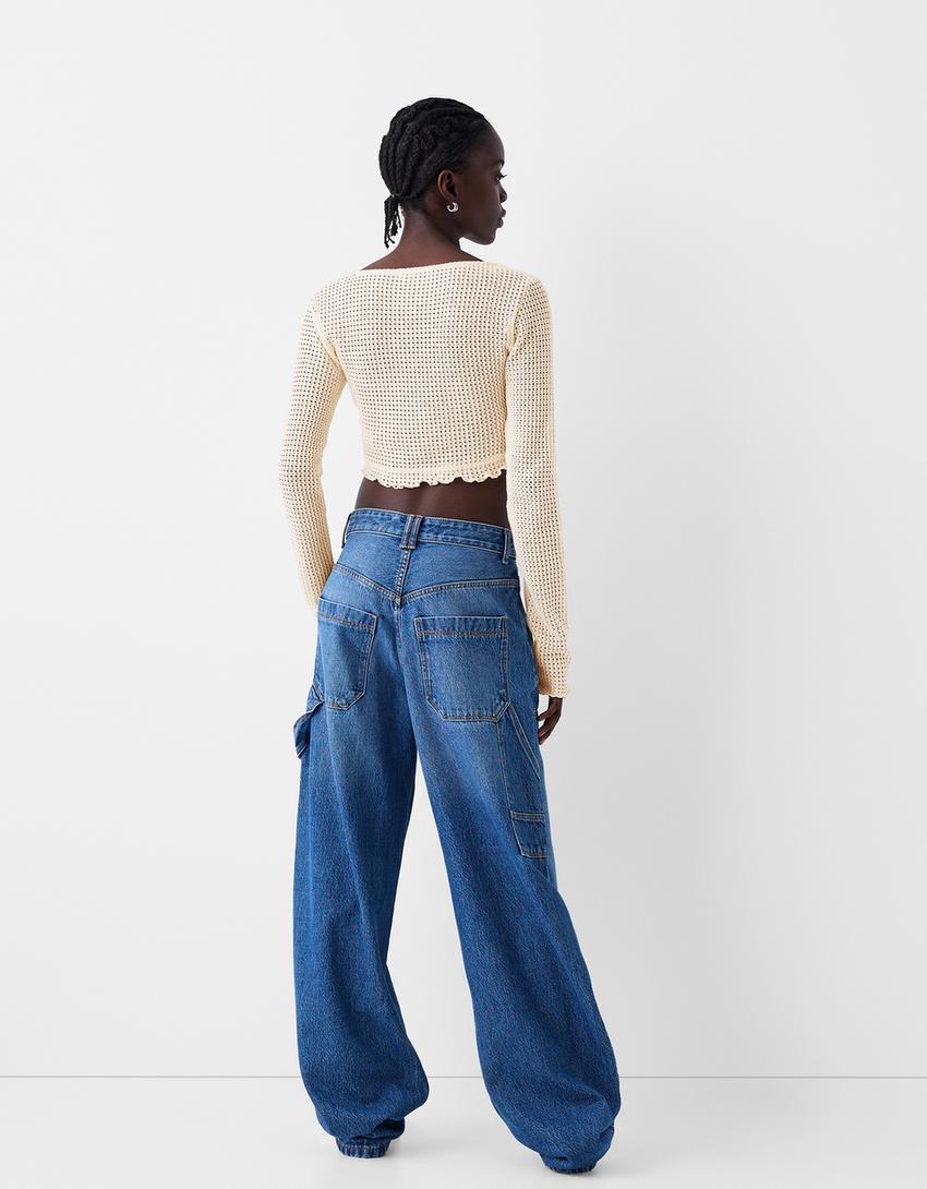 Camisola de manga comprida com renda de crochet-Bege-1