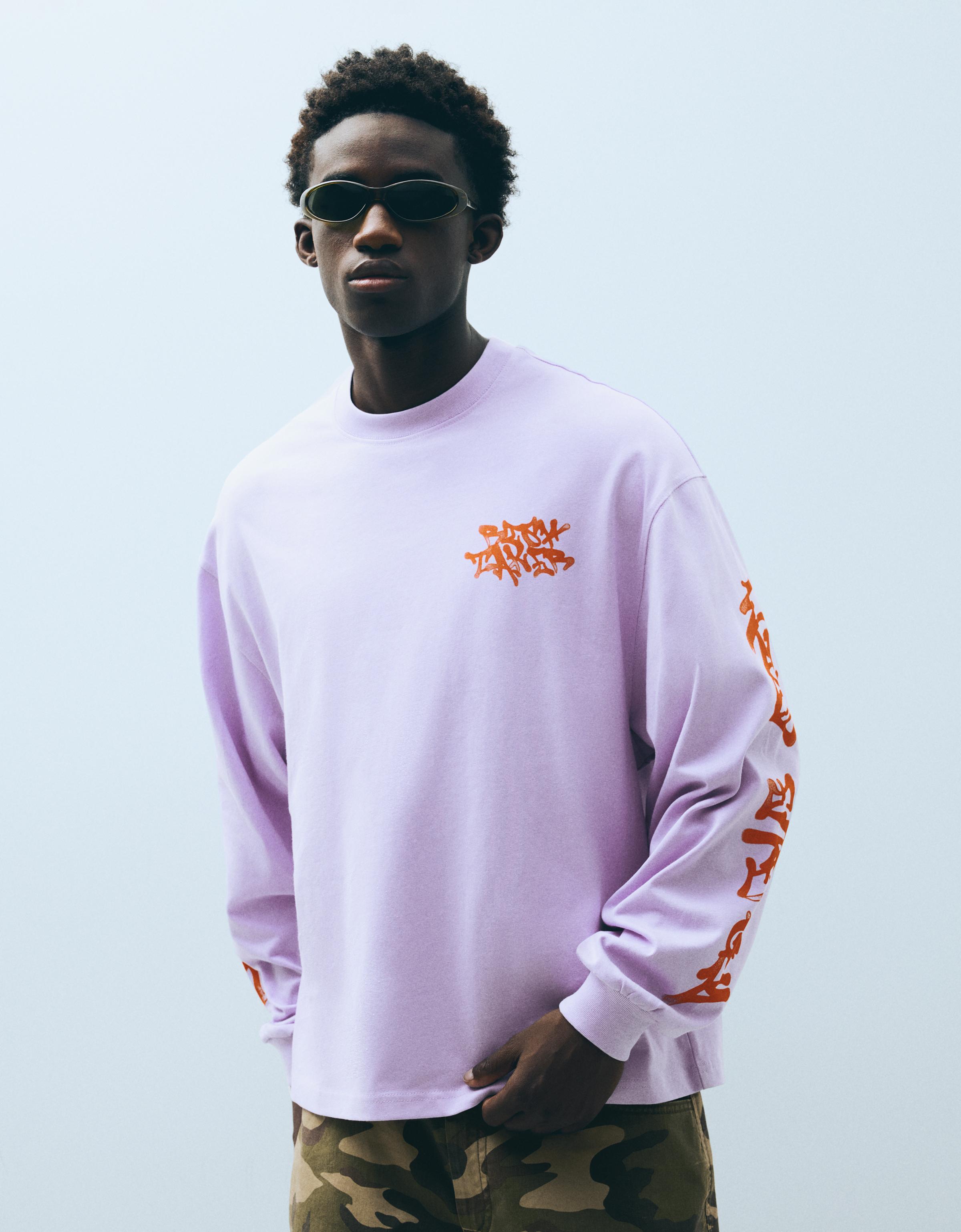 Bershka Camiseta Manga Larga Print Hombre Morado