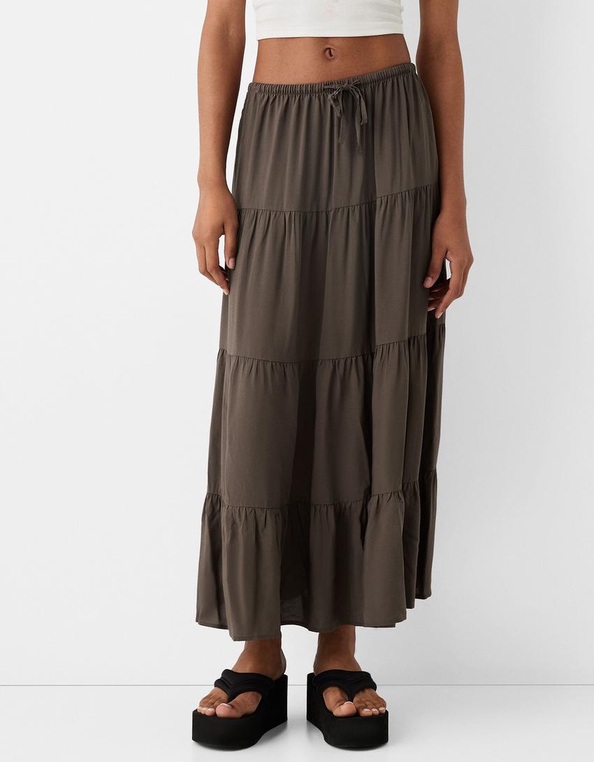 Vestido midi com elástico na cintura-Marrom-1
