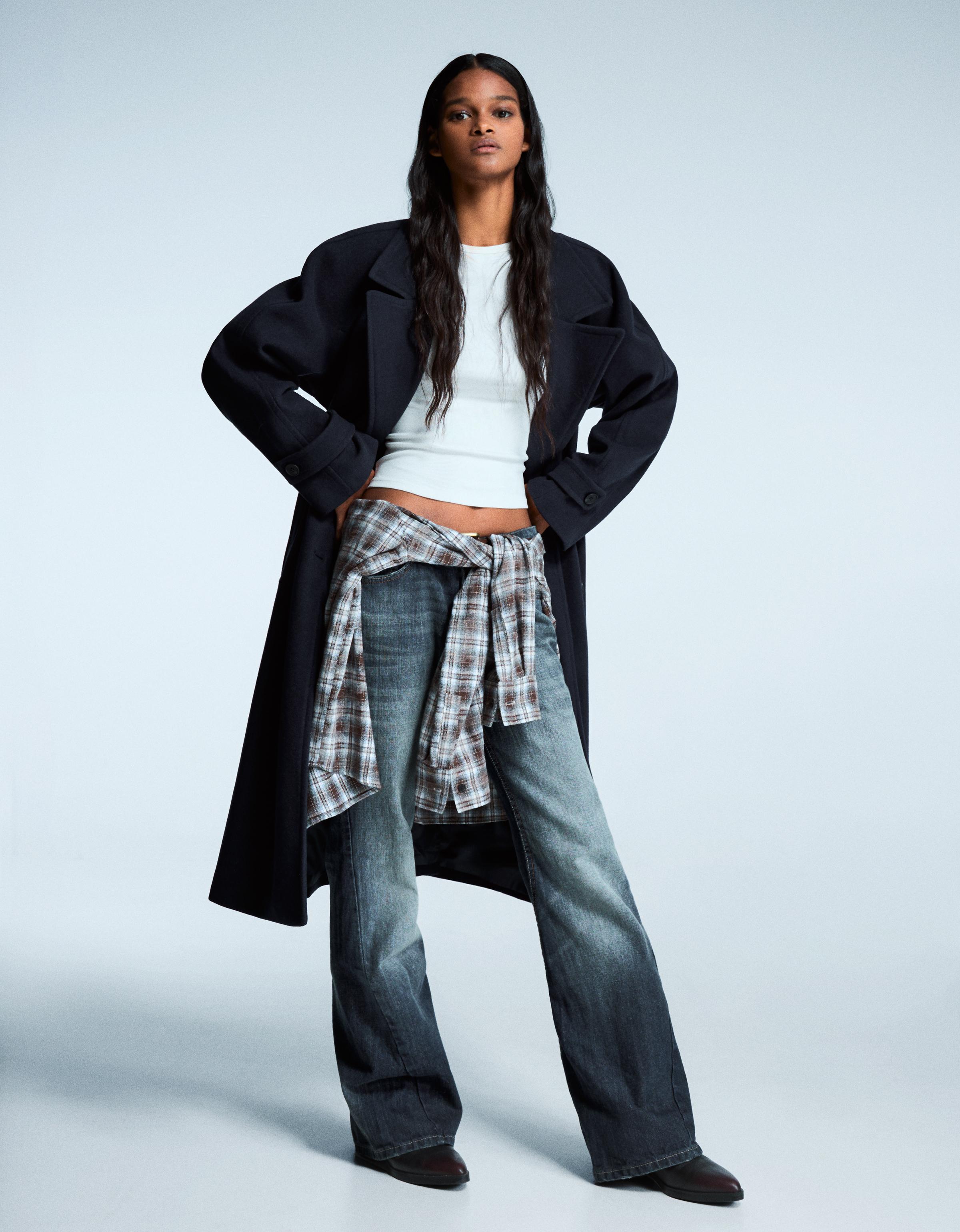 Bershka Weicher Trenchcoat Mit Gürtel Damen M Marinenblau