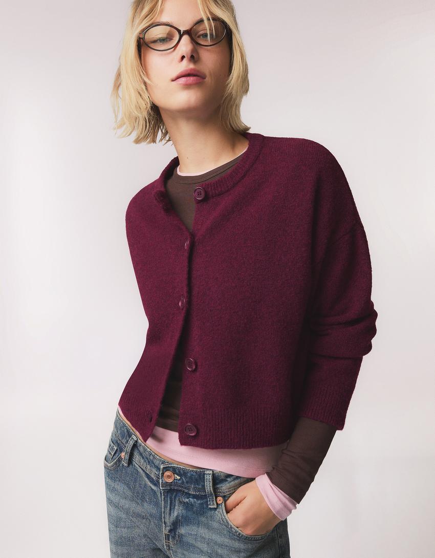 Soft touch button-up cardigan-Burgundy
