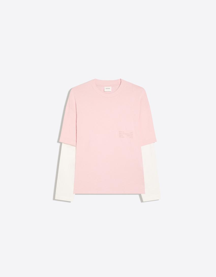 T-Shirt mit Kontrast-Doppelärmeln-Rosa