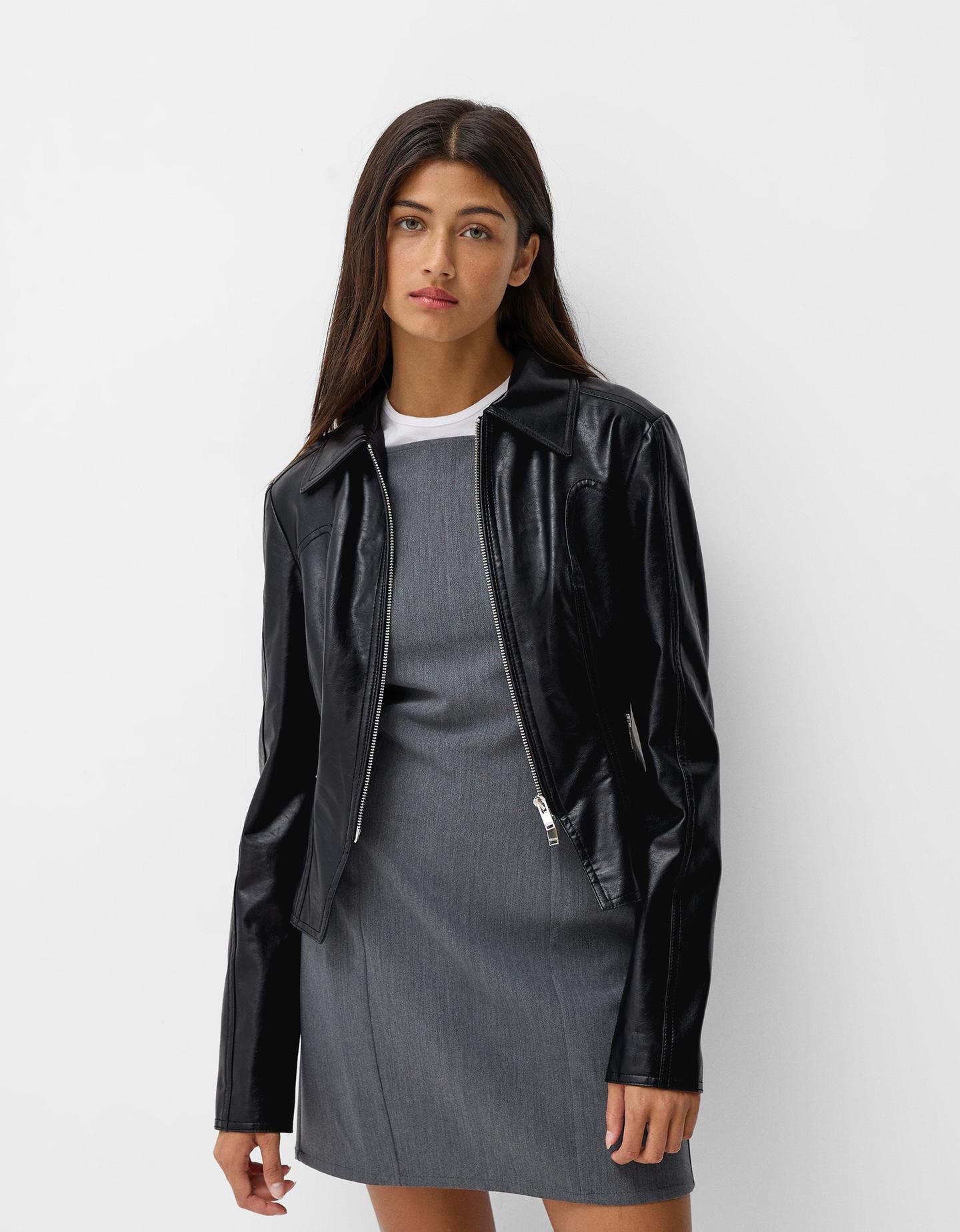 Bershka Cazadora Efecto Piel Mujer Xs Negro