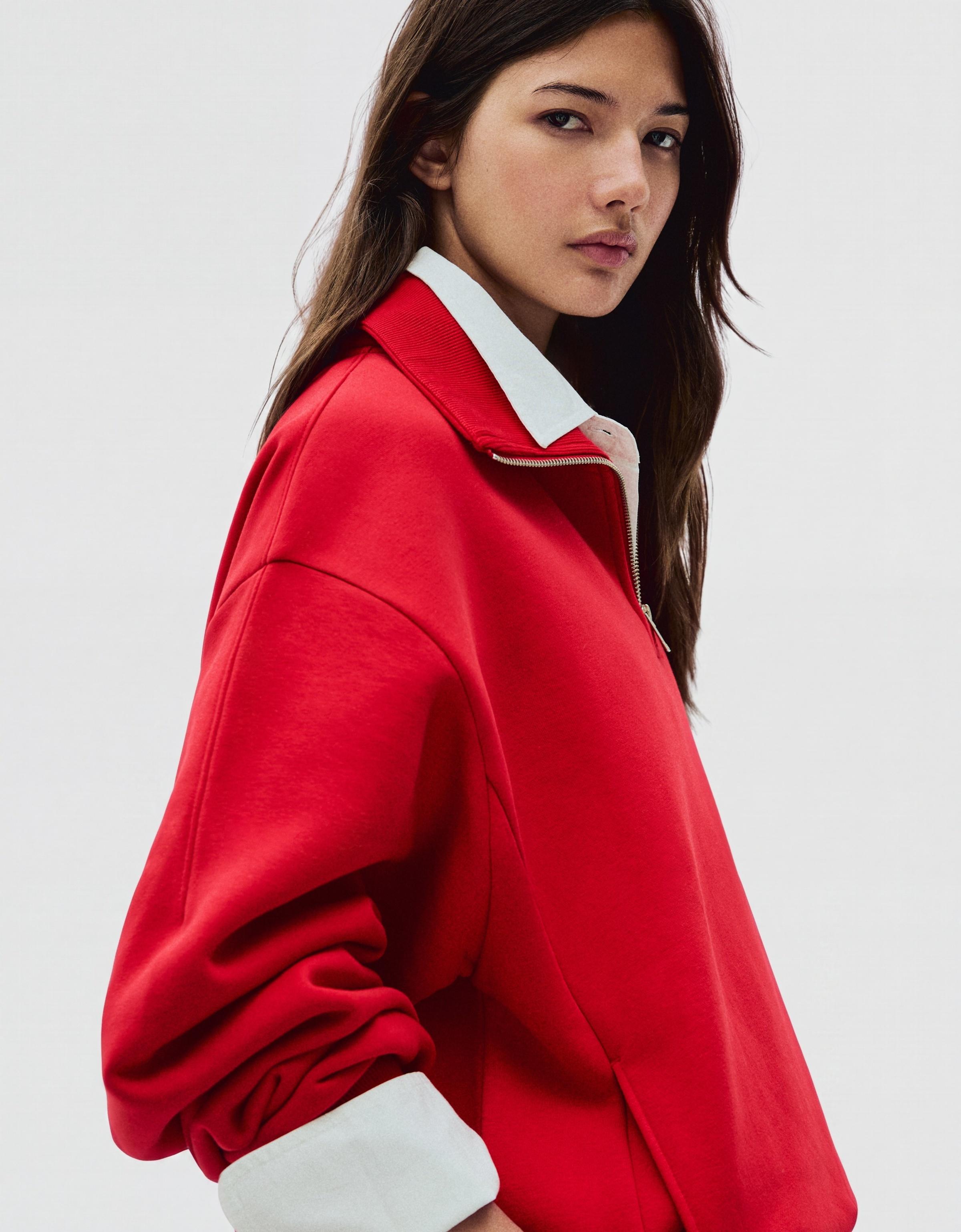 High neck zip-up sweatshirt — Red