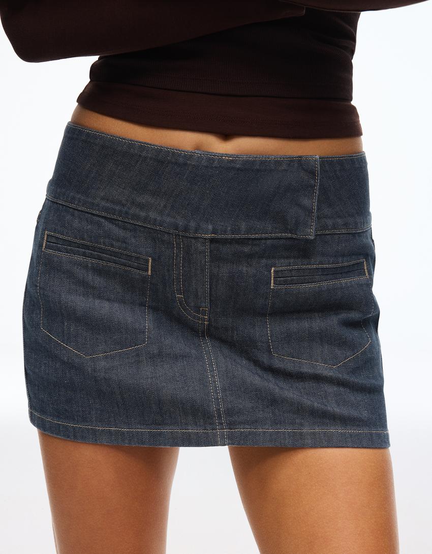High-waist denim skorts-Navy