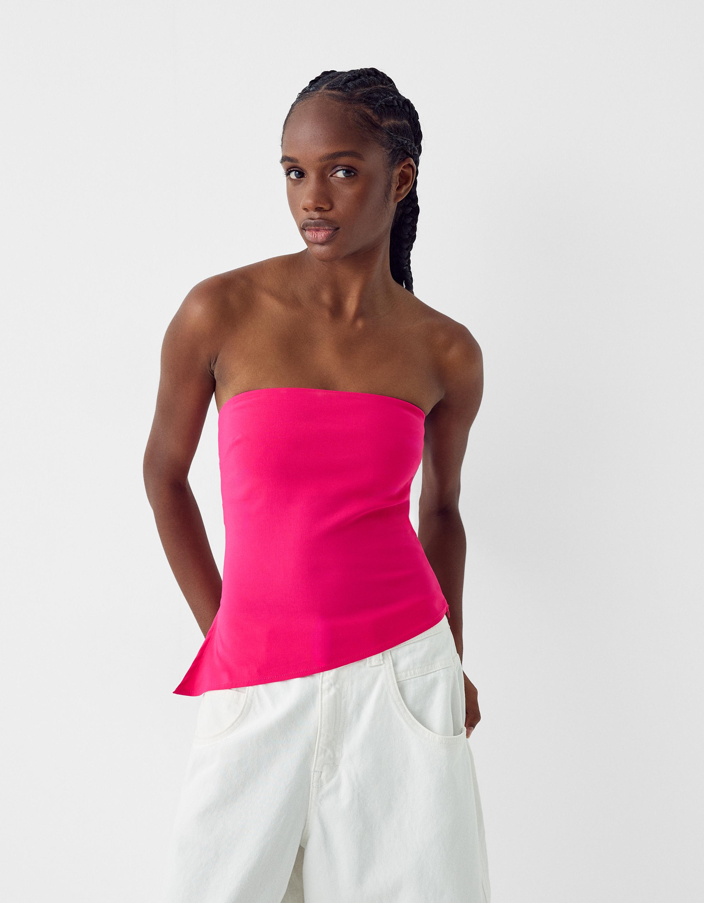 Bershka Asymmetrisches Bandeau-Top Damen L Fuchsia