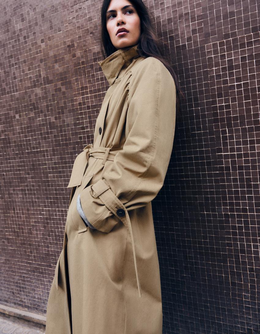 Long gathered trench coat with belt-Sand