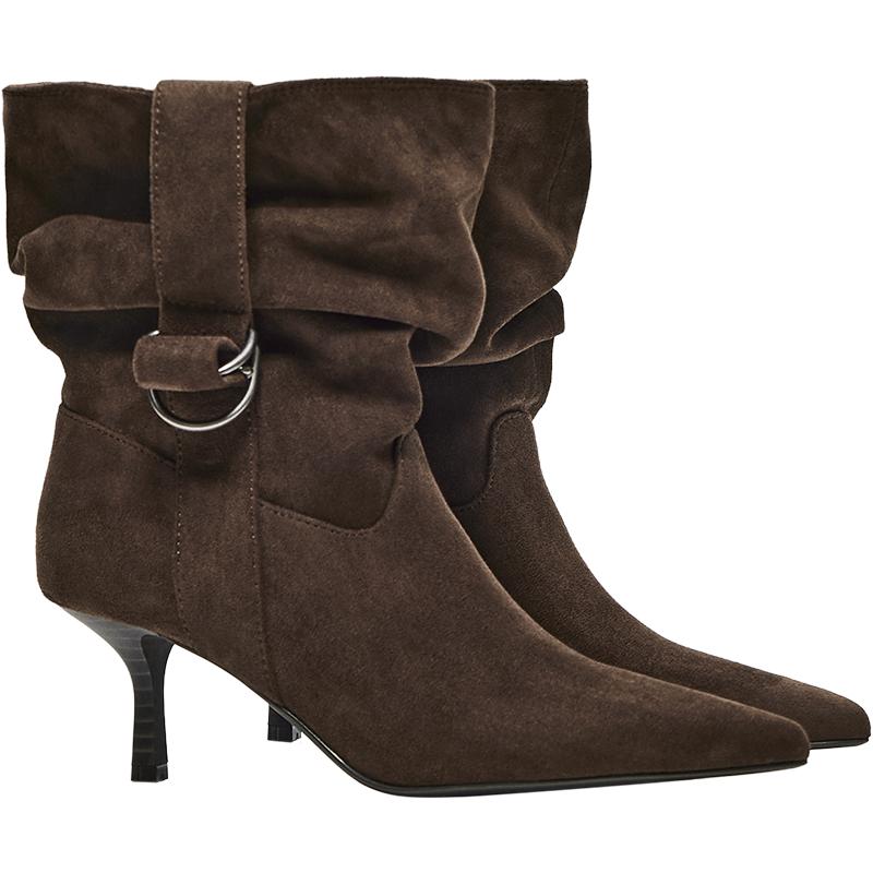 SLOUCHY BUCKLE HEEL ANKLE BOOTS — TAUPE