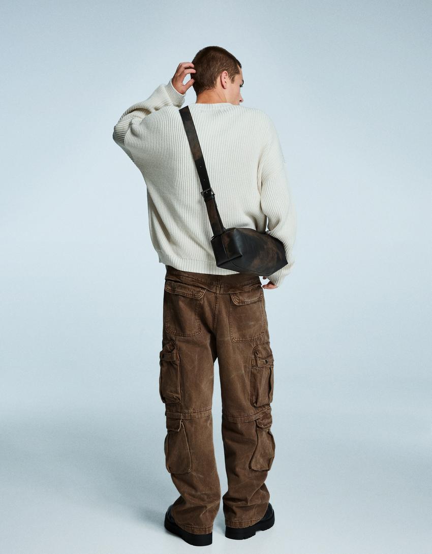 Acid wash multi-cargo baggy pants-Brown
