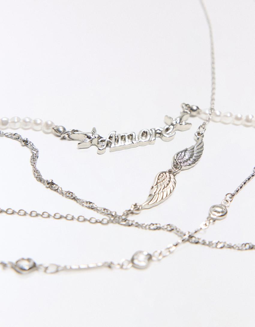 Halsketten-Set mit Flügeln-Silber