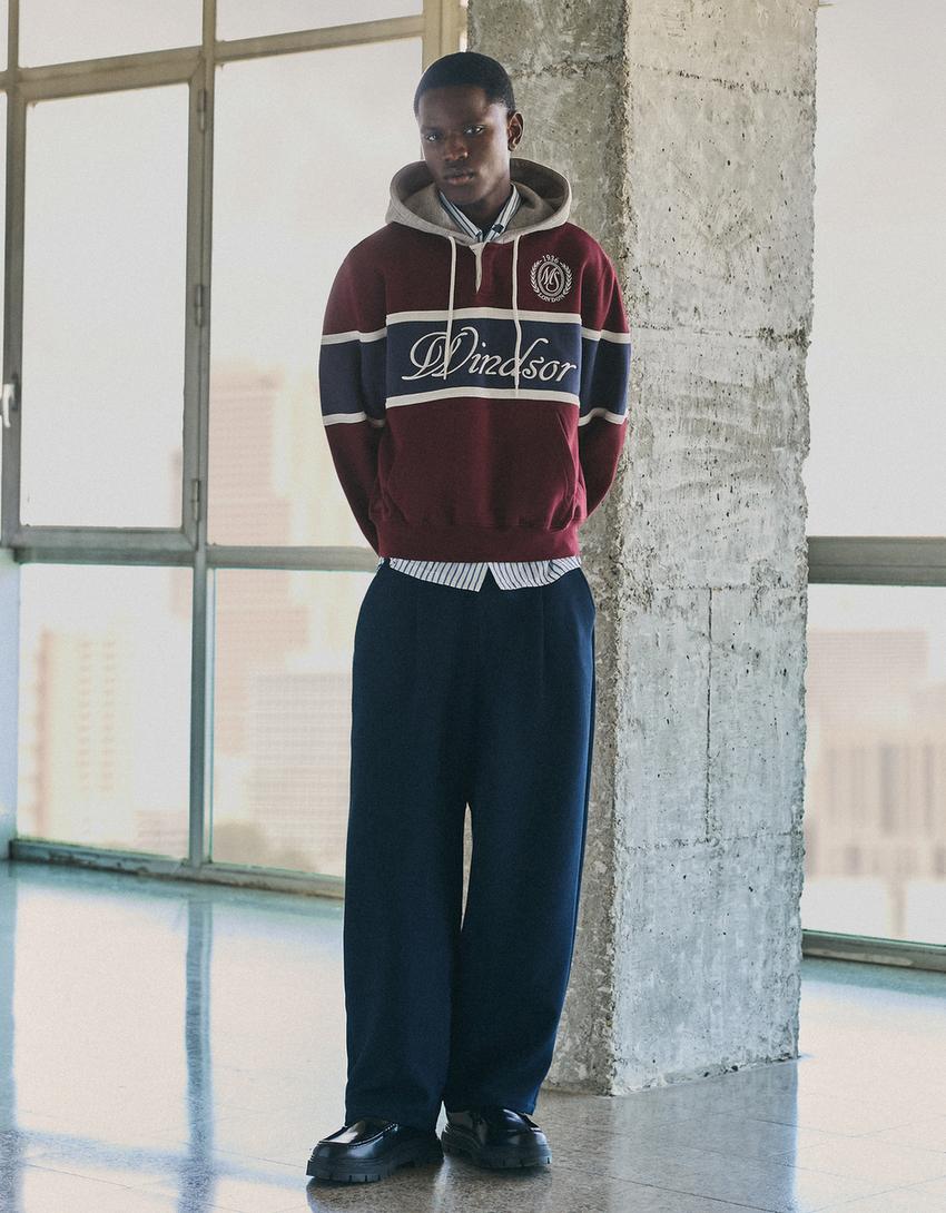 Contrast print hoodie-Burgundy