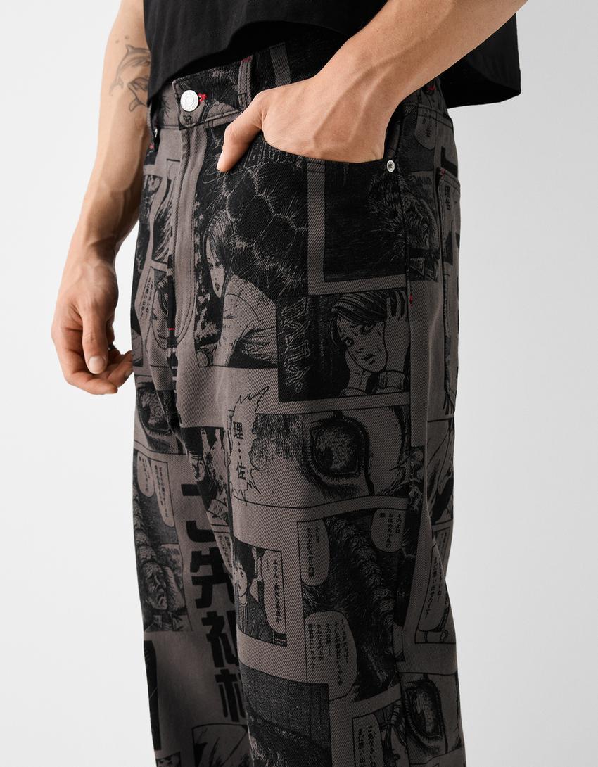 Jean imprimé Junji Ito baggy-Noir-3