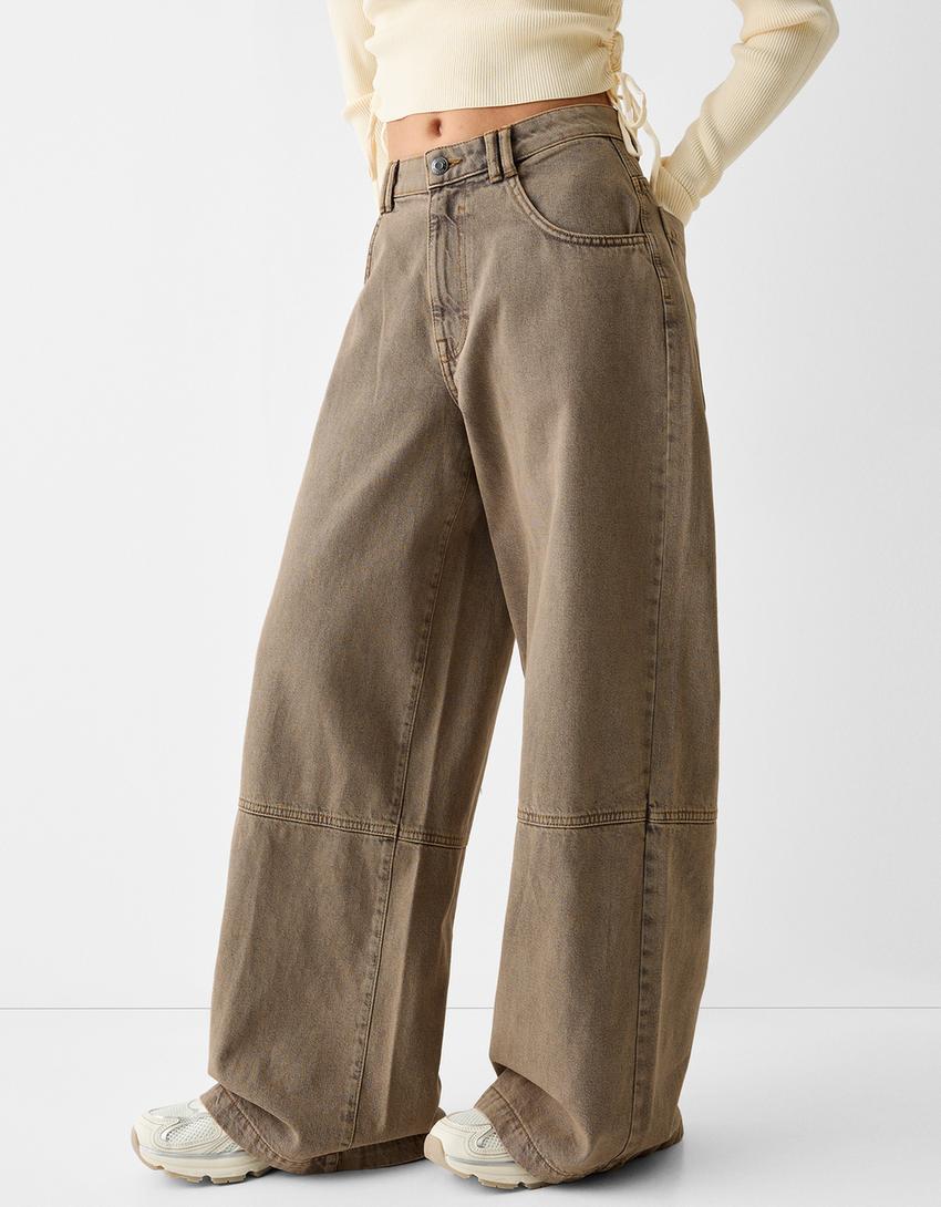 Wide-leg skater-fit twill trousers-Brown