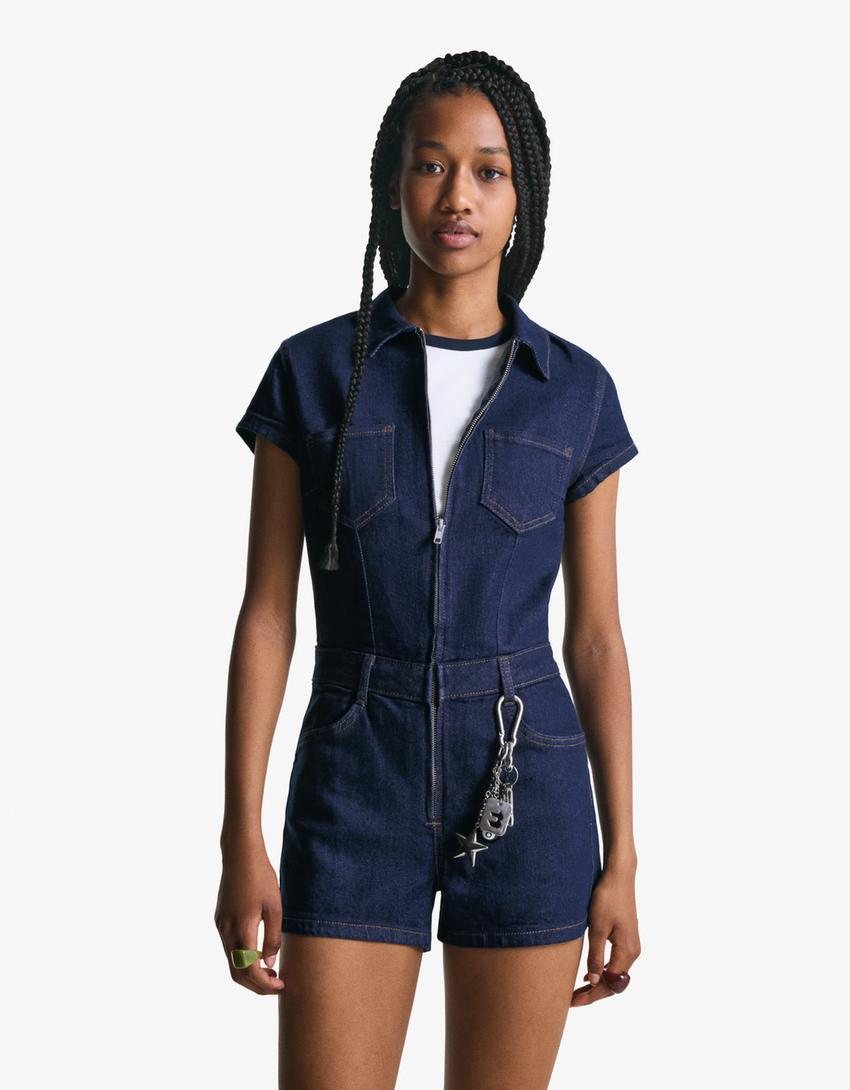 Korte denim jumpsuit-Marineblau-2