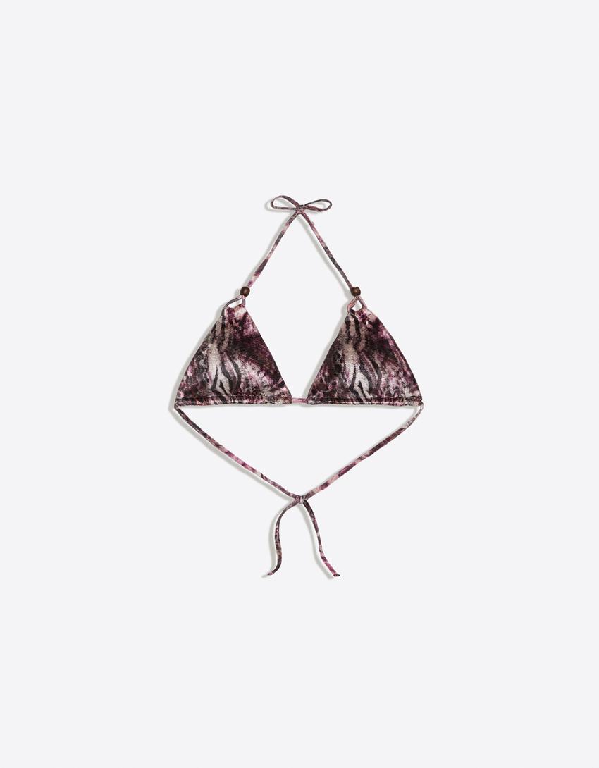 Haut de bikini triangle en mesh imprimé-Grenat