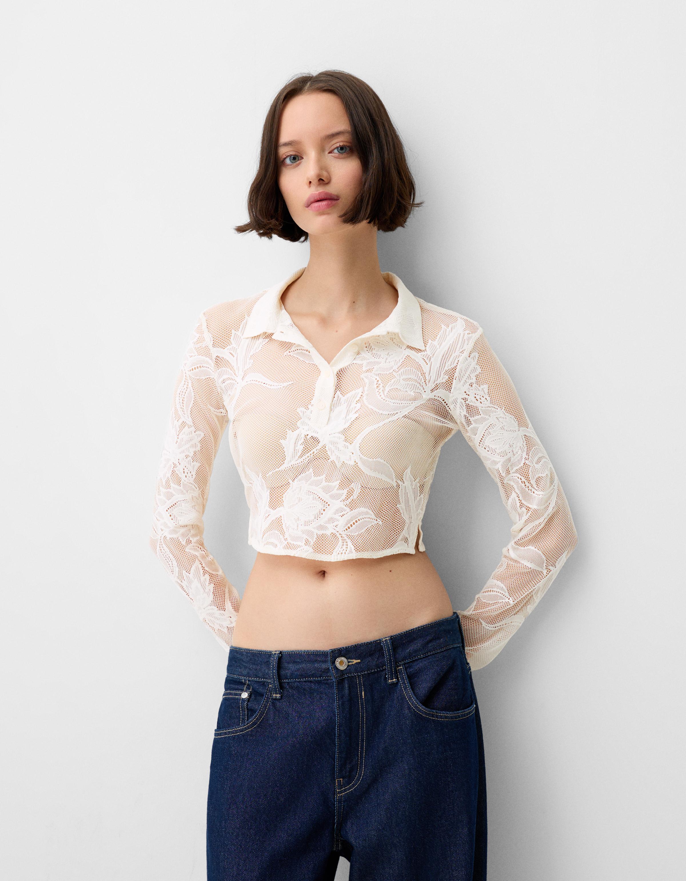 Bershka Cropped-Hemd Mit Jacquard Damen M Rohweiß