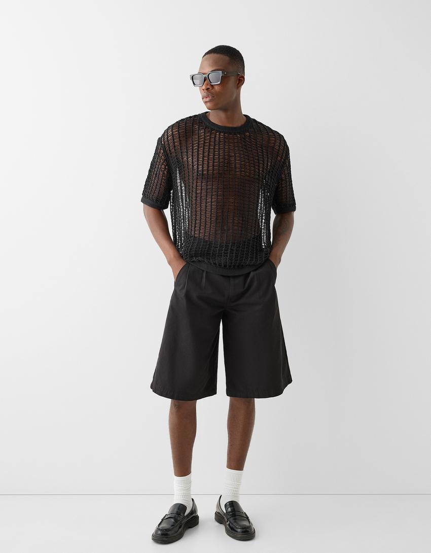 تيشرت بتصميم مثقب وأكمام قصيرة-أسود-3