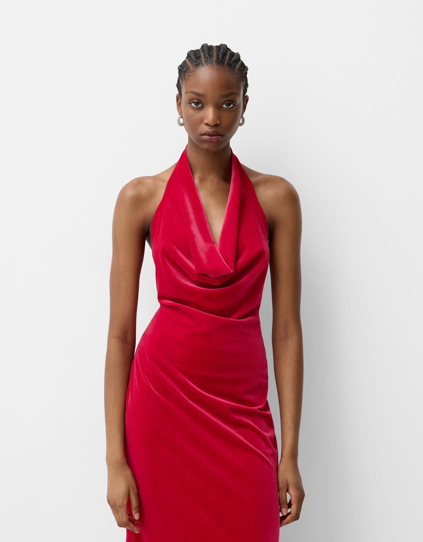 Bershka Velvet Midikleid Neckholder Damen S Rot günstig online kaufen