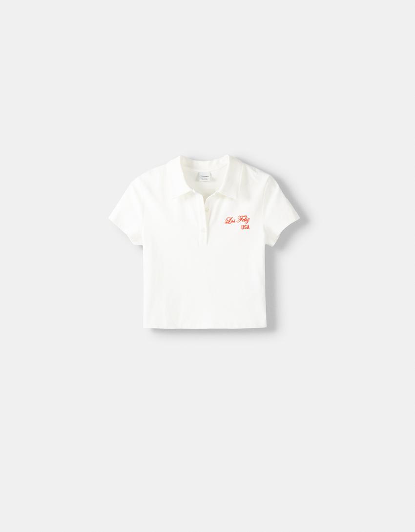 Printed short sleeve T-shirt with a polo collar-Off white