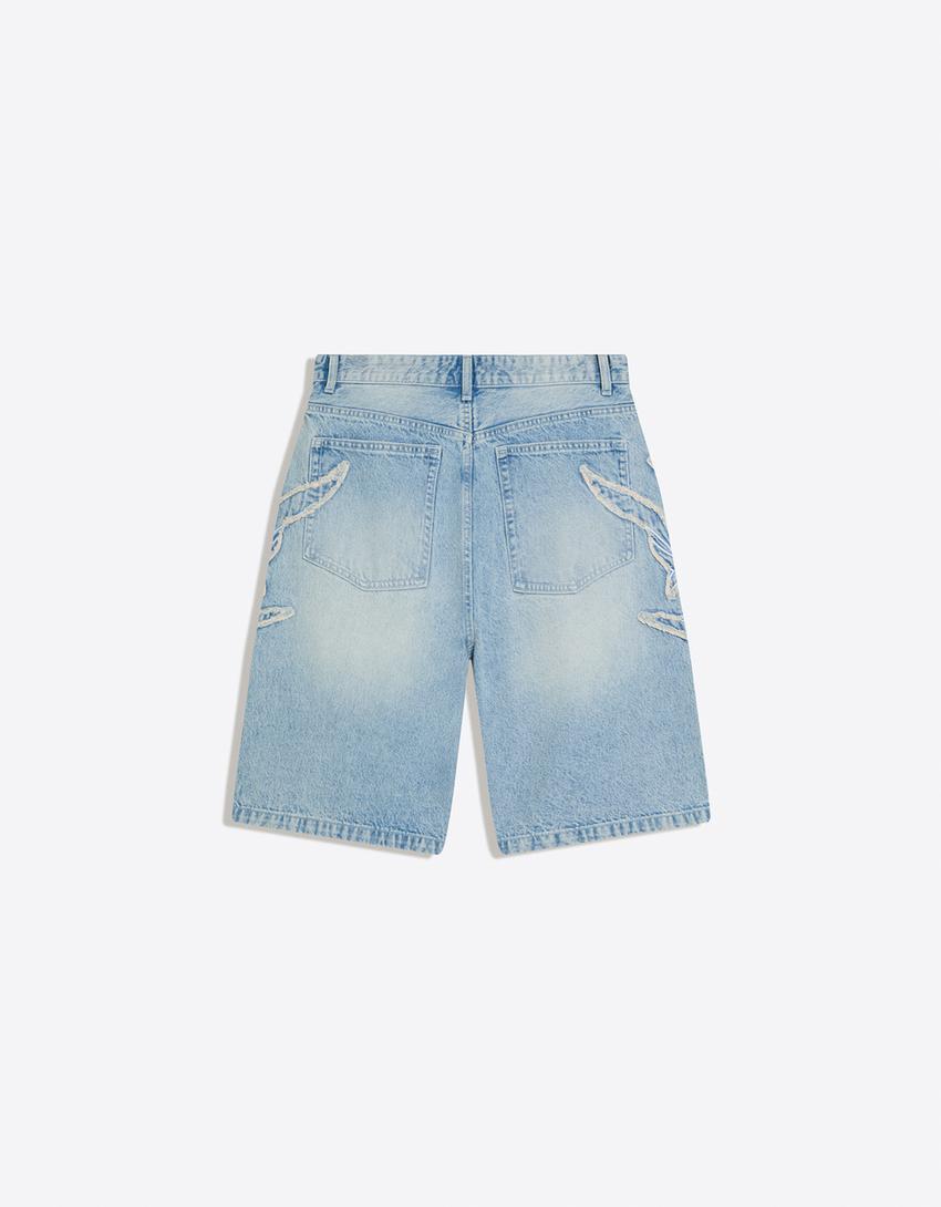 Yamalı baggy fit bermuda-Açık mavi