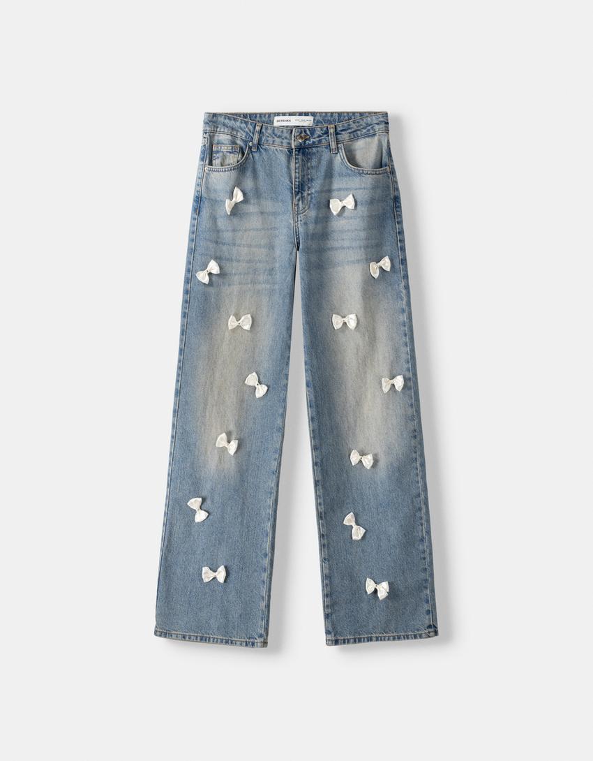 Baggy jeans with bows-Light blue