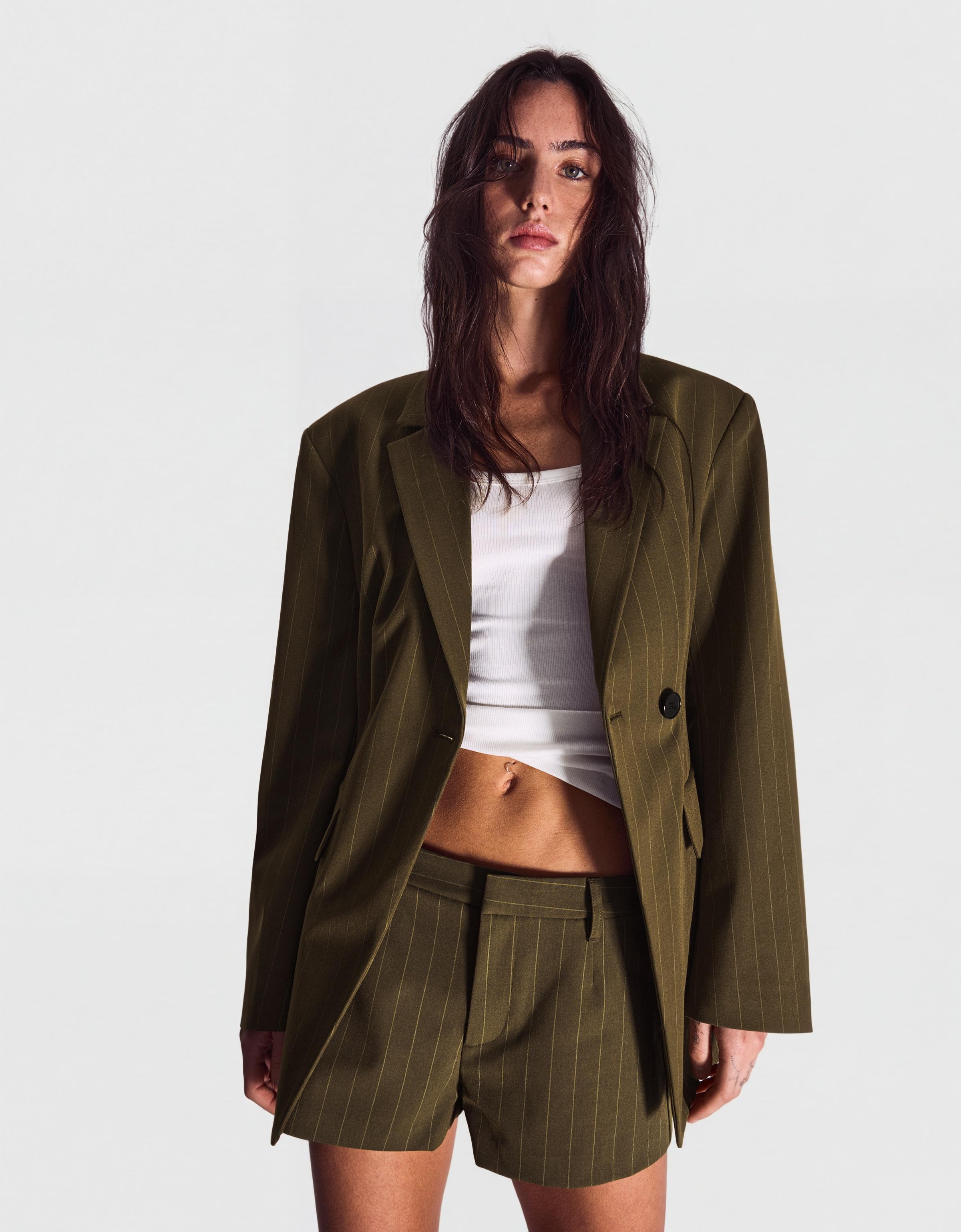 Striped double-breasted blazer — Khaki