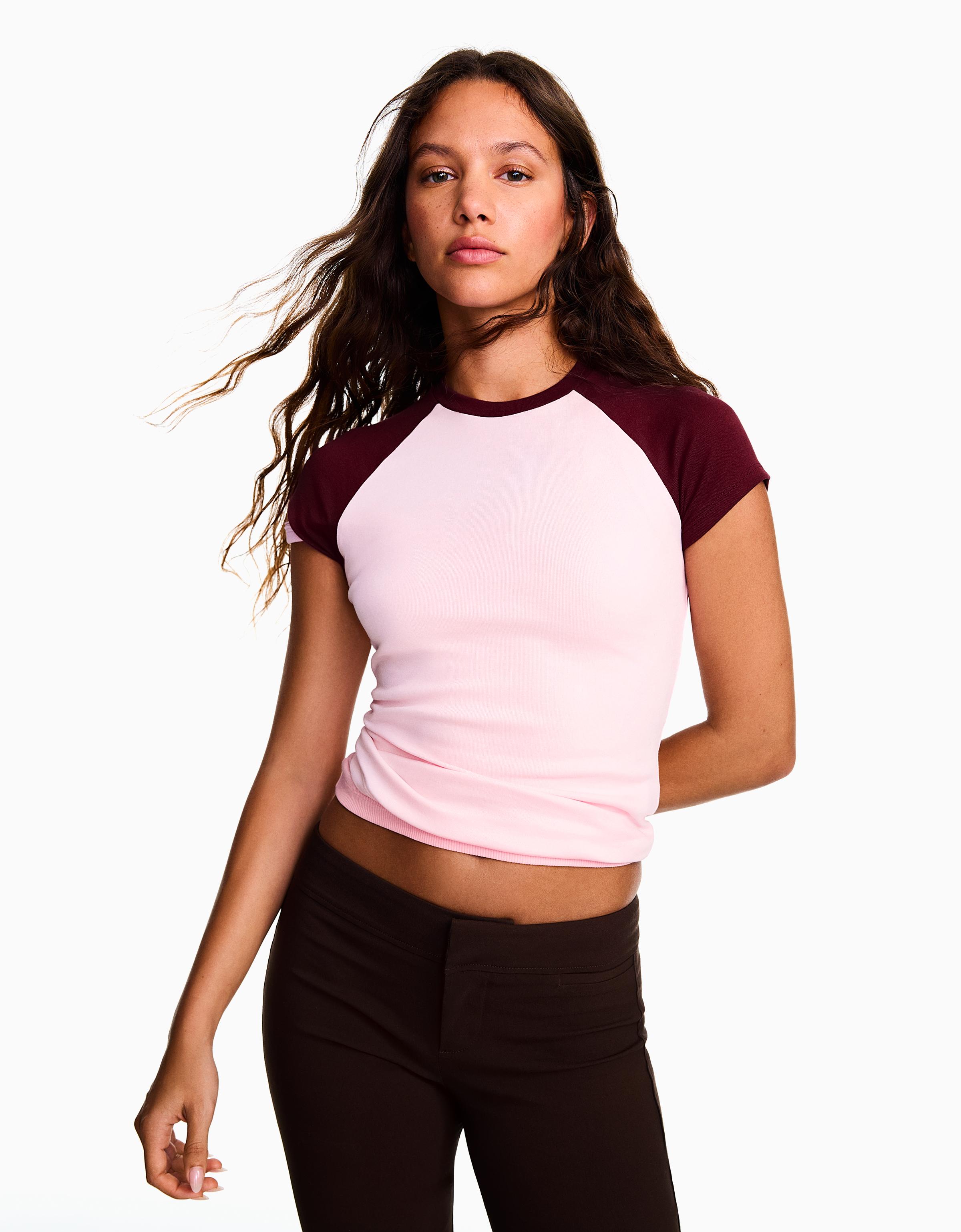 Bershka Camiseta Fitted Ranglan Mujer Rosa