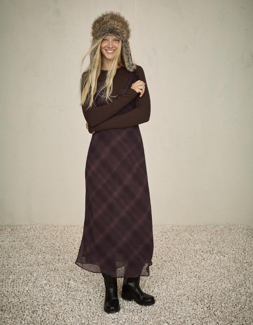 Chiffon-Midikleid mit Blonda-Braun