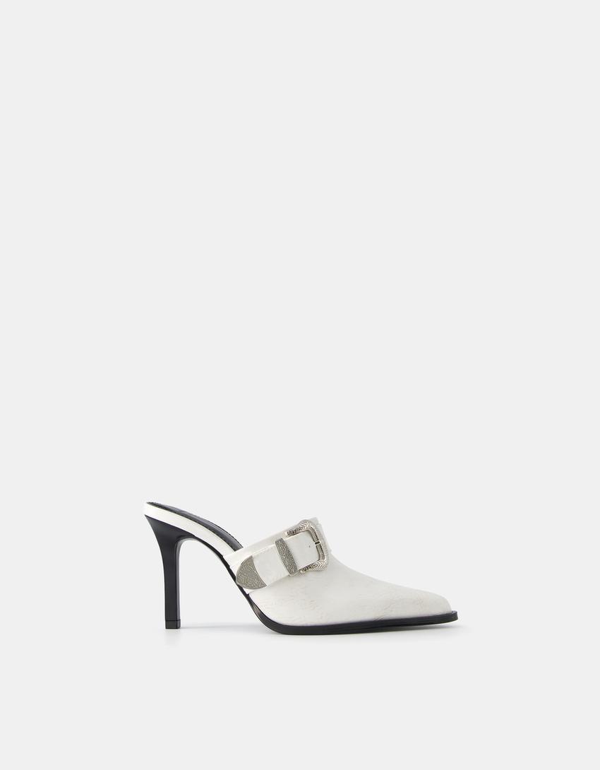 Mules talon aiguille boucle cowboy-Blanc-6