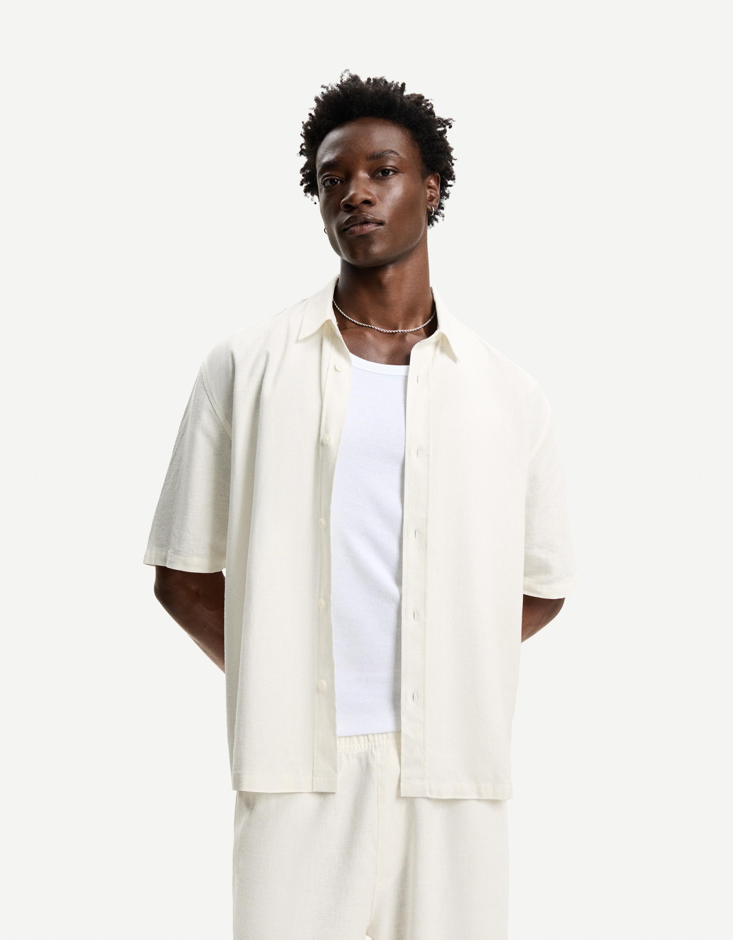 Thumbnail - Bershka Kurzarmhemd Mit Leinenanteil Herren L Weiss